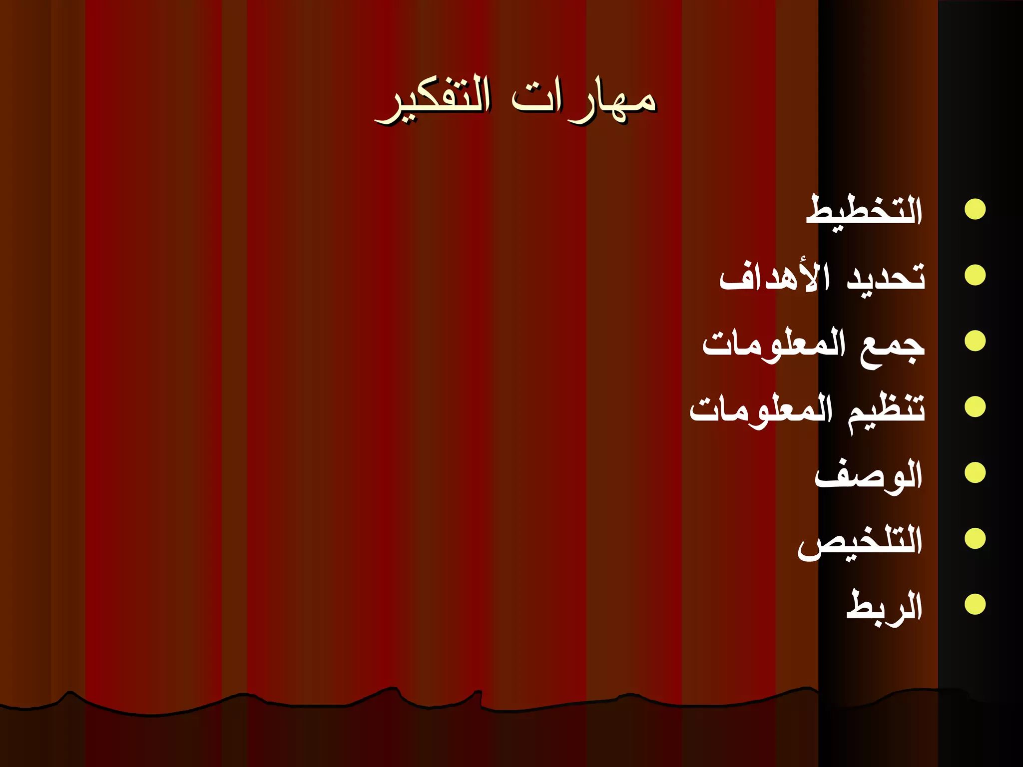 ‫التفكير‬ ‫مهارات‬‫التفكير‬ ‫مهارات‬
‫التخطيط‬
‫الدهداف‬ ‫تحديد‬
‫المعلومات‬ ‫جمع‬
‫المعلومات‬ ‫تنظيم‬
‫الوصف‬
‫التلخيص‬
‫الربط‬
 