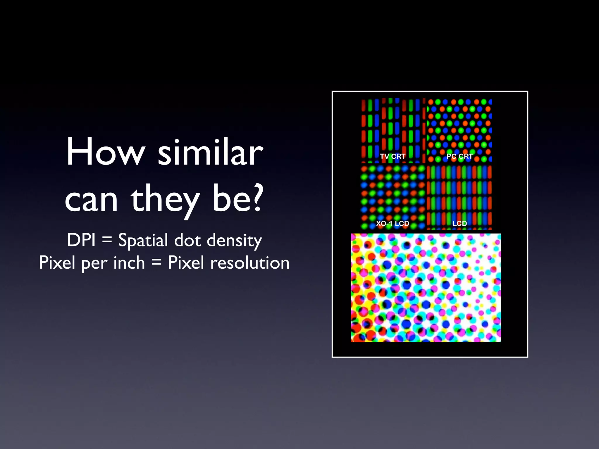 How similar
   can they be?
   DPI = Spatial dot density
Pixel per inch = Pixel resolution
 