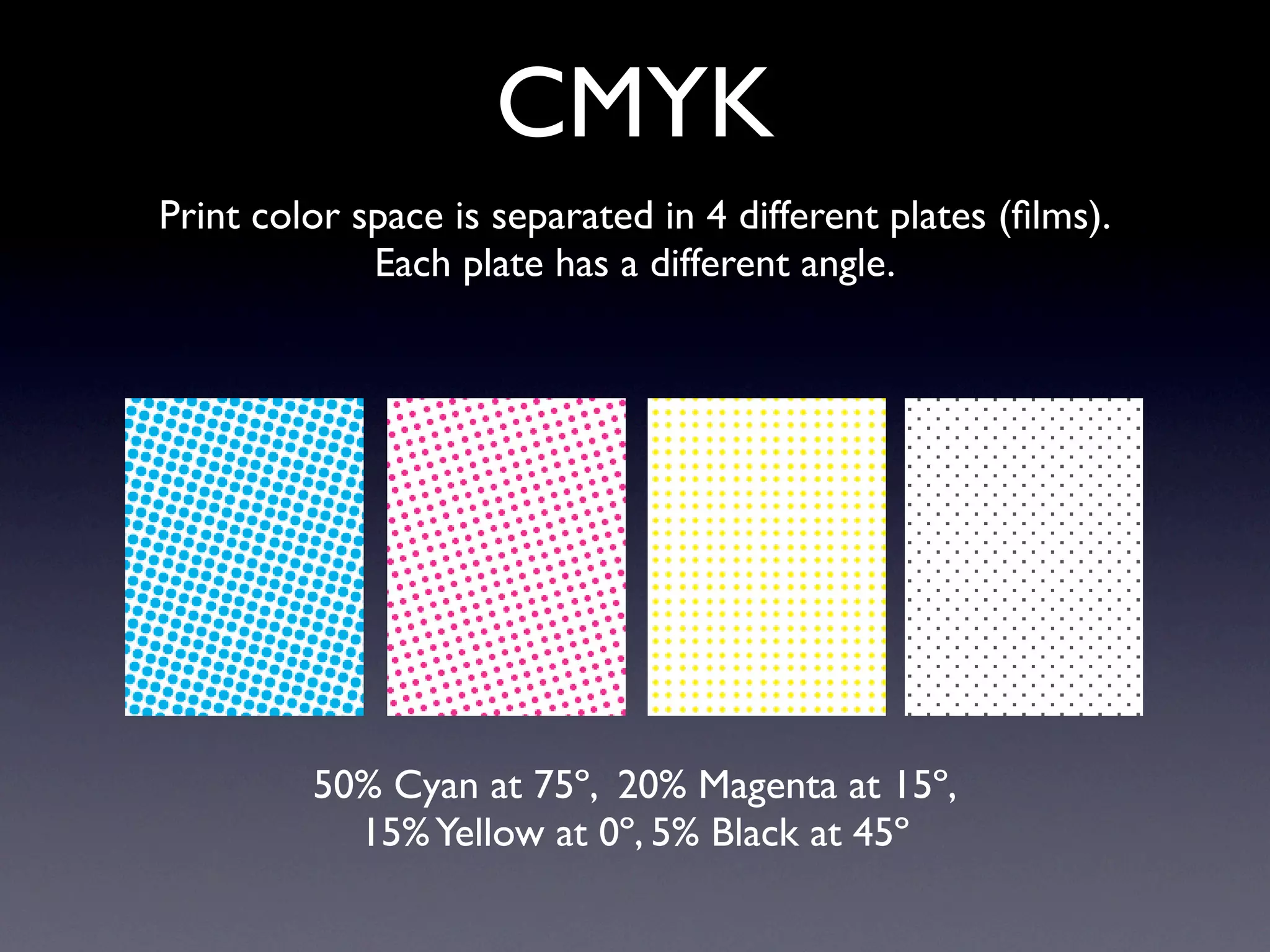 CMYK
Print color space is separated in 4 different plates (ﬁlms).
             Each plate has a different angle.




         50% Cyan at 75º, 20% Magenta at 15º,
           15% Yellow at 0º, 5% Black at 45º
 