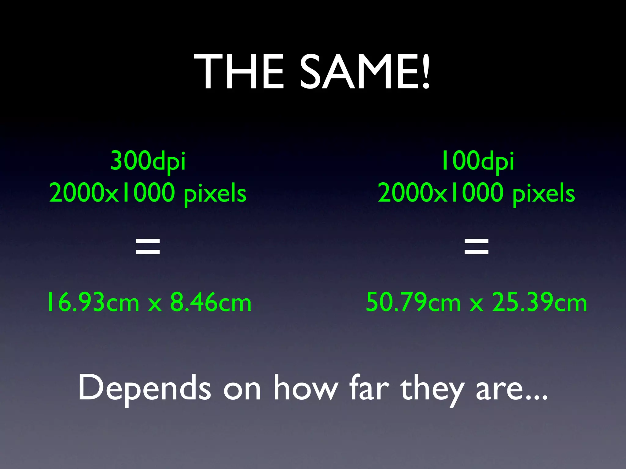 THE SAME!
    300dpi               100dpi
2000x1000 pixels     2000x1000 pixels

      =                    =
16.93cm x 8.46cm    50.79cm x 25.39cm


  Depends on how far they are...
 