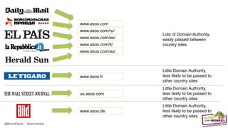 @MrJonPayne #semrushlive
www.asos.com
www.asos.com/ru/
www.asos.com/es/
www.asos.com/it/
www.asos.com/au/
www.asos.fr
us.asos.com
www.asos.de
Lots of Domain Authority,
easily passed between
country sites
Little Domain Authority,
less likely to be passed to
other country sites
Little Domain Authority,
less likely to be passed to
other country sites
Little Domain Authority,
less likely to be passed to
other country sites
 
