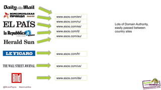 @MrJonPayne #semrushlive
www.asos.com/en/
www.asos.com/ru/
www.asos.com/es/
www.asos.com/it/
www.asos.com/au/
www.asos.com/fr/
www.asos.com/us/
www.asos.com/de/
Lots of Domain Authority,
easily passed between
country sites
 