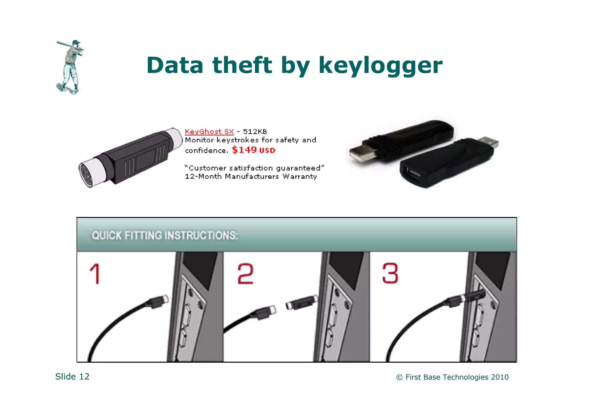 Data theft by keylogger




Slide 12                      © First Base Technologies 2010
 