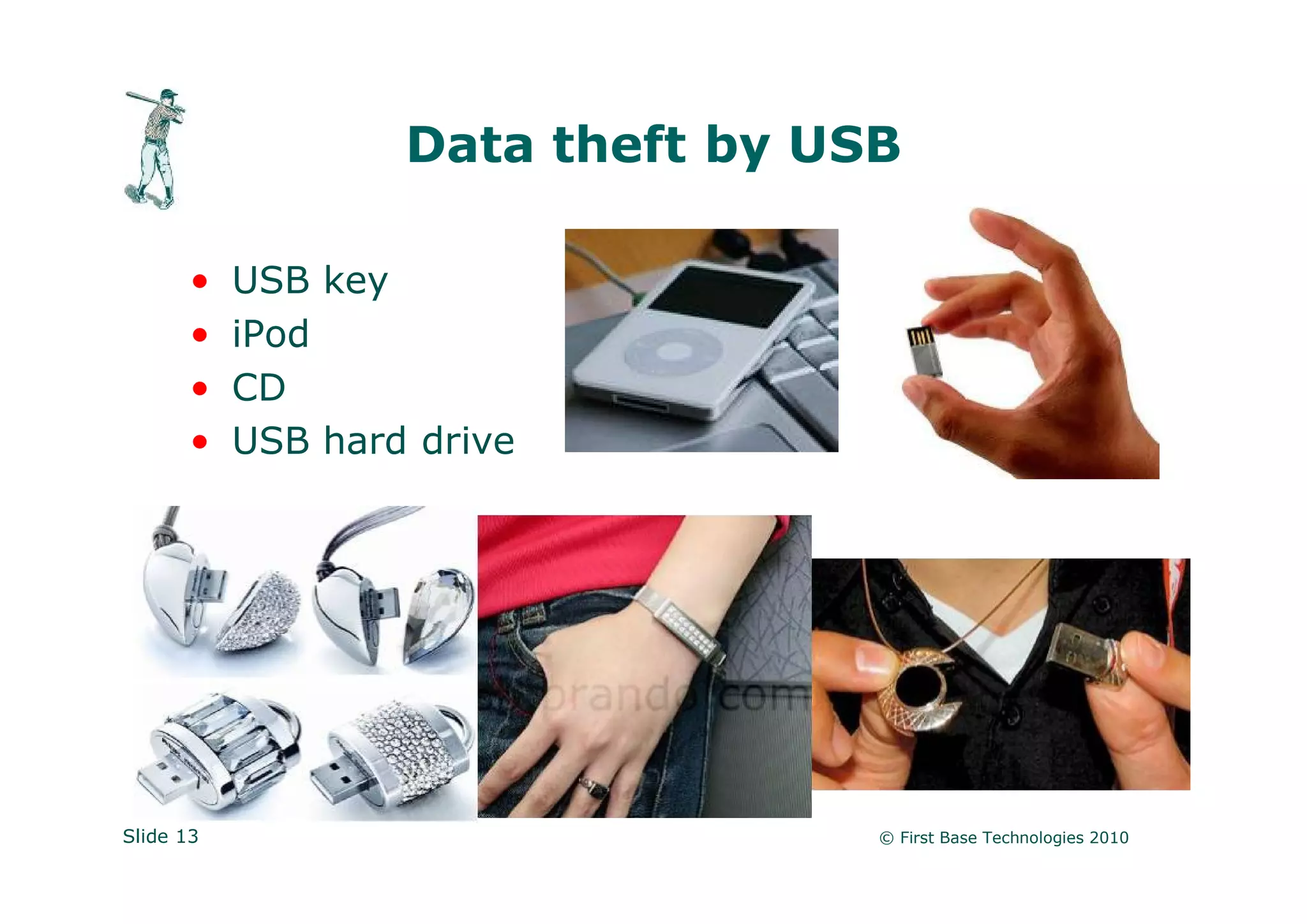 Data theft by USB

       •   USB key
       •   iPod
       •   CD
       •   USB hard drive




Slide 13                           © First Base Technologies 2010
 
