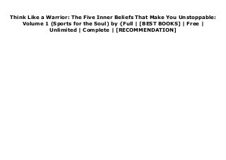 Think Like a Warrior: The Five Inner Beliefs That Make You Unstoppable:
Volume 1 (Sports for the Soul) by {Full | [BEST BOOKS] | Free |
Unlimited | Complete | [RECOMMENDATION]
Download Think Like a Warrior: The Five Inner Beliefs That Make You Unstoppable: Volume 1 (Sports for the Soul) PDF Online Discover the five inner beliefs shared by the world's greatest achievers.If you want to take control of your life and achieve your biggest dreams, you must develop a warrior mindset. This book will show you how to stop thinking like a victim and start thinking like a warrior.In this inspirational fable, Chris McNeely is a college football coach who is at the end of his rope after a hard-and-fast fall from the top of his profession. Now bankrupt and on the verge of losing his job, he has no idea what he's doing wrong or how to get back on track.Angry, worried, and desperate for help, Chris receives mysterious visits from five of history's greatest coaches: John Wooden, Buck O'Neil, Herb Brooks, Paul Bear Bryant, and Vince Lombardi.Together, these five legendary leaders teach Chris how to think like a warrior and take control of his life. The warrior mindset he develops changes his life forever-and it will change yours as well.Discover the life-changing lessons of John Wooden, Buck O'Neil, Herb Brooks, Bear Bryant, and Vince Lombardi in this inspirational tale of what it takes to achieve your dreams-whatever those dreams may be.This book will show you how to...- Build your self-confidence- Develop mental toughness - Attack every day with joy and enthusiasm- Use a positive mental attitude to achieve more- Harness the power of positive self-talk- Be a positive leader for your family and your team- Become the person you were born to be- And much more...The five inner beliefs revealed in this book will empower you to take control of your life and overcome any obstacle that stands in your way.
 