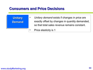 64www.studyMarketing.org
UnitaryUnitary
DemandDemand
UnitaryUnitary
DemandDemand
• Unitary demand exists if changes in price are
exactly offset by changes in quantity demanded,
so that total sales revenue remains constant.
• Price elasticity is 1
Consumers and Price DecisionsConsumers and Price Decisions
 