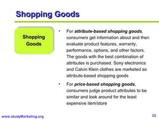 22www.studyMarketing.org
Shopping GoodsShopping Goods
ShoppingShopping
GoodsGoods
• For attribute-based shopping goods,
co...