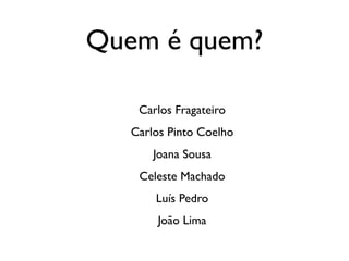 Quem é quem?

    Carlos Fragateiro
   Carlos Pinto Coelho
       Joana Sousa
    Celeste Machado
       Luís Pedro
        João Lima
 