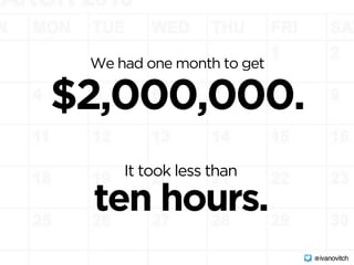 We had one month to get 
$2,000,000.
It took less than
ten hours.
@ivanovitch
 