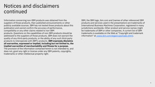 Notices and disclaimers
continued
4
Information concerning non-IBM products was obtained from the
suppliers of those products, their published announcements or other
publicly available sources. IBM has not tested those products about this
publication and cannot confirm the accuracy of performance,
compatibility or any other claims related to non-IBM
products. Questions on the capabilities of non-IBM products should be
addressed to the suppliers of those products. IBM does not warrant the
quality of any third-party products, or the ability of any such third-party
products to interoperate with IBM’s products. IBM expressly disclaims
all warranties, expressed or implied, including but not limited to, the
implied warranties of merchantability and fitness for a purpose.
The provision of the information contained herein is not intended to, and
does not, grant any right or license under any IBM patents, copyrights,
trademarks or other intellectual property right.
IBM, the IBM logo, ibm.com and [names of other referenced IBM
products and services used in the presentation] are trademarks of
International Business Machines Corporation, registered in many
jurisdictions worldwide. Other product and service names might
be trademarks of IBM or other companies. A current list of IBM
trademarks is available on the Web at "Copyright and trademark
information" at: www.ibm.com/legal/copytrade.shtml.
.
 