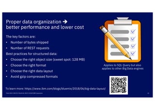 Proper data organization è
better performance and lower cost
10Think 2019 / DOC ID / Month XX, 2019 / © 2019 IBM Corporation
The key factors are:
• Number of bytes shipped
• Number of REST requests
Best practices for structured data:
• Choose the right object size (sweet spot: 128 MB)
• Choose the right format
• Choose the right data layout
• Avoid gzip compressed formats
Applies to SQL Query but also
applies to other Big Data engines
To learn more: https://www.ibm.com/blogs/bluemix/2018/06/big-data-layout/
 