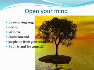 Open your mind
 By removing anger,
 desire,
 laziness,
 confusion and
 suspicion from your minds.
 Be an island for yourself.
 