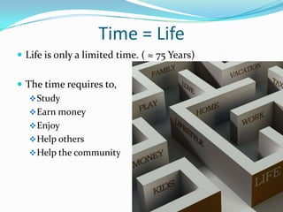 Time = Life
 Life is only a limited time. ( ≈ 75 Years)


 The time requires to,
    Study
    Earn money
    Enjoy
    Help others
    Help the community
 