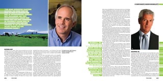 CORPORATE RESPONSIBILITY


“THE MORE INTENSIFIED DAIRYING                                                                                                                                                                                          with on-farm sustainability advice. It also funds research across a broad range
                                                                                                                                                                                                                        of areas, including forage research to produce grasses that support higher
BECOMES, THE MORE CARE WE                                                                                                                                                                                               milk production per hectare, genetic research to improve the productivity of
NEED TO TAKE TO MITIGATE THE                                                                                                                                                                                            herds and research to develop science-based tools to reduce nutrient losses.
                                                                                                                                                                                                                           “ e more intensi ed dairying becomes, the more care we need to
RISK OF ENVIRONMENTAL IMPACTS.                                                                                                                                                                                          take to mitigate the risk of environmental impacts,” Ferrier says. “New
NEW ZEALANDERS ARE VERY                                                                                                                                                                                                 Zealanders are very environmentally aware and while they are very
                                                                                                                                                                                                                        conscious of Fonterra’s major role in the economy, they are not prepared
ENVIRONMENTALLY AWARE AND                                                                                                                                                                                               to see environmental values traded o for economic gains.”
WHILE THEY ARE VERY CONSCIOUS                                                                                                                                                                                               Climate change is another challenge Fonterra is prepared to tackle.
                                                                                                                                                                                                                        “We have the challenge of growing production to feed a rapidly growing
OF FONTERRA’S MAJOR ROLE IN                                                                                                                                                                                             world population without exacerbating climate change. Globally, dairy
THE ECONOMY, THEY ARE NOT                                                                                                                                                                                               emissions account for 2.7 per cent of total greenhouse gas emissions.
                                                                                                                                                                                                                            at’s relatively low, but nonetheless, the dairy sector recognises that
PREPARED TO SEE ENVIRONMENTAL                                                                                                                                                                                           improving our carbon footprint is a key element of sustainable milk
VALUES TRADED OFF FOR                                                                                                                                                                                                   production,” Ferrier says.
                                                                                                                                                                                                                           For Fonterra, this is a very topical issue given New Zealand’s response to
ECONOMIC GAINS.”                                                                                                                                                                                                        climate change is the introduction this year of an Emissions Trading Scheme.
                                                                                                                                                                                                                        From 2015, this will include agricultural emissions – it is the only country in
                                                                                                                                                                                                                        the world currently making this commitment and it is a signi cant one given
                                                                                                                                                                                                                        our greenhouse gas pro le, where agriculture accounts for 47 per cent of total
                                                                                                                                                                                                                        emissions (with dairying 19 per cent of those).
                                                                                                                                                                                                                           Fonterra’s response has been to take the lead by de nitively determining
                                                                                                                                                                                                                        the carbon footprint of its major export products. is has enabled it to
                                                                                                                                                                                                                        identify where emissions reductions e orts should be directed – which
                                                                                                                                                                                                                        is primarily on farms, where 85 per cent of emissions in their carbon
                                                                                                                                                                                                                        footprint occur. It is also driving down emissions in the business. Its
                                                                                                                                                                                                                        energy reduction project, one of the largest energy e ciency programmes
                                                                                                                                                                                                                        in New Zealand, saved 320,000 tonnes of carbon dioxide, equivalent
                                                                                                                                                                                                      “GLOBALLY, WE     relative to 2003 levels, last year.
                                                                                                                                                                                                                           “As a cooperative, our farmers are our stockholders as well as supplying
                                                                                                                                                                                                         MUST ACT ON    the raw ingredients for our global production company. We do not view
                                                                                                                          01
                                                                                                                                                                                                  THREE FRONTS: WE      the environment as something separate from our business, it is our
                                                                                                                                                                                                                        business and because of this innate connection to the land environmental
                                                                                                                                                                                                      MUST CLEAN UP     responsibility is at the core of everything we do,” Ferrier says.                   02
PASTURES NEW                                                                                                                                                                                        ENVIRONMENTAL          Environmental responsibility for Fonterra is also a form of civic
“Farming, by its very nature, relies on the environment for its survival       ingredients and it sells to 140 countries – every continent in the world     01 Andrew Ferrier, CEO of Fonterra                          responsibility. “ is responsibility is shared throughout the organization,
and while practices have certainly changed over time there has always          except Antarctica. One third of its revenue is consumer products, which      02 Marco Tronchetti Provera,           DAMAGE CREATED       from the grassroots farmers to the top management team and we take                MOTORING ON
been a fundamental understanding that we have to treat the ecosystems          have leading positions in consumer dairy in Australia, Asia, the Middle      chairman of Pirelli                      IN THE PAST, WE    our leadership position very seriously. Being the largest and most                “I believe it has become clear that all of us on the planet have a great
that support our industry with the greatest of care,” says Andrew Ferrier,     East and Latin America.                                                                                                                  visible company in a relatively small country like New Zealand puts us            responsibility toward future generations, one that cannot be put o
CEO of New Zealand-based company Fonterra.                                        “Whichever way you look at our business, there is one inescapable                                                    MUST LIVE AND    constantly under the spotlight and New Zealanders rightly demand the              until some later date when it is more convenient. People currently in
   Fonterra, New Zealand’s largest company with an excess of $11.7 billion     conclusion: we have to be sustainable, both environmentally and                                                     MANUFACTURE IN       highest standards of environmental custodianship, regardless of how               leadership positions must take this responsibility especially seriously,”
in revenue, is a cooperative, wholly owned by farmer shareholders. In          economically. To produce in-demand dairy products, farmers need to be                                                                    many export dollars we bring in the door,” he asserts.                            argues Marco Tronchetti Provera, chairman of the Milan-based Pirelli,
a country that exports 95 per cent of the milk it produces, Fonterra is        con dent of making a return, but they also need to be con dent their land                                               A SUSTAINABLE       But there are still incredible challenges that Fonterra will have to           a company active in the tyre and real estate sector among others. It is a
responsible for 95 per cent of all national dairy exports and accounts for     can sustain higher production, so our relationship with the environment is                                              WAY, LIMITING    face in the future. “ e greatest challenge between agriculture and the            premier supplier to the automotive industry, which pollutes heavily, and
a quarter of New Zealand’s total exports. Its the biggest supplier to the      something we take very seriously. Sustainable co-operative performance                                                                   environment is going to be feeding a global population that is forecast to        bears responsibility for investment in the future.
globally traded market for dairy, exporting more than two million tonnes       is a major component of our growth strategy,” Ferrier says.                                                         NEW DAMAGE TO        reach seven billion next year and nine billion by 2050,” Ferrier reveals.            “Globally, we must act on three fronts: we must clean up environmental
as of July 2010, and it is the largest dairy processor in the world.              New Zealand’s natural geography allows dairying to be increasingly                                             THE ENVIRONMENT,       “ at’s an extra two billion people to nd food, water and shelter for over         damage created in the past, we must live and manufacture in a sustainable
   “We have a major role in meeting dairy demand globally and there is         regarded as the most pro table use of agricultural land. Unlike many                                                                     the next 40 years in a world that is already pushing past the limits of what      way, limiting new damage to the environment, and we must invest in
no sign of that demand abating. e global population has quadrupled             parts of the world, where cows are housed indoors and fed grain, the                                                     AND WE MUST     we can safely sustain.”                                                           innovation to discover new paths for a sustainable future,” Provera explains.
over the past 100 years. e World Health Organisation is forecasting            country’s herds are predominantly grass fed from farm pastures. is is                                                        INVEST IN      It’s Fonterra’s view that in order to feed the burgeoning global                  At Pirelli, the philosophy is for the company to take responsibility for
that the demand for food will double by 2050 – just 40 years away. Dairy       viewed by Fonterra as a major competitive advantage, both in terms of                                                                    population in the years to come, trade barriers need to come down and             itself on each front, along with its stakeholders. “With consumers, we
is nutrient dense, so it will have a critical role to play in nourishing the   production costs and the value consumers place on products from “clean,                                                INNOVATION TO     subsidies be removed so that ine ciencies in the agricultural industry are        must educate them and o er them environmentally friendly products
world’s growing population, but this cannot be done at an unacceptable         green” New Zealand – but it does impose environmental challenges.                                                       DISCOVER NEW     worked out of the system. e company has built a substantial knowledge             at an a ordable price. We have an obligation to our stockholders to do
environmental cost,” Ferrier explains.                                            On farms, for example, the focus is on practical steps farmers can take                                                               base on how to do this and is keen to share it with the world. It is working      business correctly and for a pro t, and our approach to this is to focus on
   In a typical year, Fonterra collects approximately 20 billion litres of     to protect water quality, such as excluding stock from waterways, riparian                                                PATHS FOR A    with other producers around the globe to help bring nutrition to people           quality and innovation,” Provera says.
milk – around 14 billion litres in New Zealand. It processes products          planting, nutrient budgets which minimise fertilizer use and adopting                                                     SUSTAINABLE    for the least economic and environmental cost. “Quite simply, our future             “With our suppliers, we are very selective and we require them to
at roughly 28 sites in New Zealand and have another 60 sites around            best-practice irrigation techniques in full compliance with management                                                                   survival depends on it and that’s a challenge we think is worth putting           be sustainable, too. With our local stakeholders, we are attentive to the
the world, 10 of them in Australia. Two-thirds of its revenue is dairy         regulations. Fonterra spends around $5 million a year supporting farmers                                                      FUTURE.”   our good name on,” Ferrier says.                                                  communities where we are based and fund hospitals, universities, social

056                                                                                                                                                                                                                                                                                                                                                                             057
 