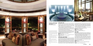 LUXURY TRAVEL




                                                                                                                                            02      03



                     01 Praia de Luz – elegant lounge bar         LAKE COMO, ITALY
                     at Park Hyatt Goa Resort and Spa                e Castadiva is the chicest ve-star resort to open on the shores of             its own pool and butler’s kitchen – some even have views as far as the iconic
                     02 The Castadiva                             Lake Como in a century. A short 55km drive to the heart of Milan, the             Table Mountain. Privacy is assured by delicate hedges of camellia and co ee
                     03 Fine dining in Hotel Verta                Castadiva is gaining in popularity with those in search of a less formal,         jasmine and you can enjoy guilt-free indulgence, safe in the knowledge that
                                                                  individual destination for those in the know.              e former lakeside      every e ort is being taken on your behalf to minimise water and electricity
                                                                  residence of the famous opera singer Guiditta Pasta, the luxury resort            consumption. And if you like the artwork, ask Gra for more details – all the
                                                                  brings a new dimension to the Como hospitality landscape.                         pieces have been selected from his private collection.
                                                                     Nestled in the gardens are secluded luxury villas, apartments and even            Back in the main lodge, you can take advantage of a private dining
                                                                  a spectacular independent duplex t for a rock star. George Clooney, still         room, conference facilities and even a boutique cinema.
                                                                  one of the Lakes’ most celebrated celebrities, and his Italian television         Book into: Delaire Graff Lodges & Spa
                                                                  personality girlfriend have already tried and tested it.                          Where: Cape Town, South Africa
                                                                       e piece de resistance, however, is the 1300 square metre spa, which          Why: The best views in the Stellenboch
                       The travel and tourism industry employs    has been conceived to resemble the set of a James Bond movie.                     Contact: +27 21 885-8160, www.delaire.co.za
                     approximately 235 million people and              e dual occupancy thematic spa suites are perfect for honeymoon couples.
                     generates over 9.2 per cent of world GDP        e oating swimming pool and deck, which converts into a magni cent              GOA, INDIA
                       From 1950 to 2005, international tourism   show fountain at night, adds to the romance of the idyllic resort.                Spread over 46 acres, the Park Hyatt Resort and Spa, conceptualized as an
                     arrivals expanded at an annual rate of 6.5   Book into: Castadiva, part of the Tais Collection                                 Indo-Portuguese village, resembles a lively picturesque town full of fragrant
                     per cent, growing from 25 million to 806     Where: Lake Como, Italy                                                           plant- lled courtyards and gardens, linked by Venetian canals, bridges and
                     million travelers.                           Why: Contemporary operatic style resort – the newest ﬁve-star luxury resort       cobbled streets. e hotel blends vibrant elegance with high drama to recreate
                       In 1950 the top 15 destinations absorbed   to open in Italy this summer.                                                     the cheerful and relaxed atmosphere of a small Goan village.
                     88 per cent of international arrivals; in    Contact: +39 31 32 511, www.castadivaresort.com                                     At the heart of the resort village, a collection of four recently refurbished
                     2005 that ﬁgure was down to 57 per                                                                                             plaza restaurants o ers a variety of culinary delights, each with a select
                     cent, reﬂecting the emergence of new         CAPE TOWN, SOUTH AFRICA                                                           menu of authentic food and lively open kitchens, as well as indoor and
                     destinations, many of them in developing        e Delaire Gra Estate is an established destinction that re ects the            outdoor seating. An in-house cinema provides evening entertainment for
                     countries.                                   wealth of South Africa’s diamond and wine trades. Owner Laurence Gra ,            those who have time on their hands and prefer the indoors. e warm
                       By 2020 international arrivals are         founder and Chairman of Gra Diamonds, bought this estate straddling the           décor of the rooms, with a sunken mini swimming pool and outdoor
                     expected to surpass 1.5 billion people.      Stellenboch and Franschhoek districts and vowed to turn it into one of the        shower, make them unforgettable.
                     Many of these are expected to be retired     leading restaurants and boutique hotels in the world-famous vineyard region.      Book into: Park Hyatt Goa Resort and Spa
                     Baby Boomers.                                He’s done a good job. You’ll nd a delicious series of 10 private lodges set       Where: Goa, India
                       The ﬁve most visited countries last year   against breathtaking hillsides with all the facilities you and your party could   Why: Its distinctive Indo-Portuguese style, excellent facilities and warm
                     were, in order, France, USA, Spain, China    need. Choose from a two-bedroom Owner’s Lodge with log replace and                ambiance
                01   and Italy.                                   private heated pool, or cosy up in a smaller one-bedroom lodge, also with         Contact: +91 832 272 1234, goa.park.hyatt.com


070                                                                                                                                                                                                                             071
 