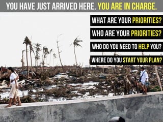 You have just arrived here. You are in charge.
What are your priorities?
Who do you need to help you?
Where do you start your plan?
Who are your priorities?
 