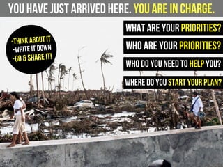 You have just arrived here. You are in charge.
What are your priorities?
Who do you need to help you?
Where do you start your plan?
Who are your priorities?-Think about it
-Write it down
-Go & Share it!
 