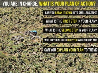you are in charge. What is your plan of action?
What is the first step in your plan?
What is the second step in your plan?
Can you break it down in to smaller steps?
Who do you need to help you with your plan?
can you explain your plan to them?
 