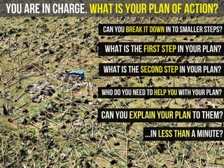 you are in charge. What is your plan of action?
What is the first step in your plan?
What is the second step in your plan?
Can you break it down in to smaller steps?
Who do you need to help you with your plan?
can you explain your plan to them?
...in less than a minute?
 
