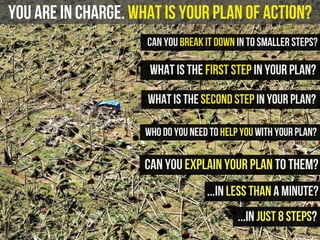 you are in charge. What is your plan of action?
What is the first step in your plan?
What is the second step in your plan?
Can you break it down in to smaller steps?
Who do you need to help you with your plan?
can you explain your plan to them?
...in less than a minute?
...in just 8 steps?
 