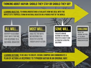 Learning Objective: To know,understand & evaluate how we deal with the
impacts of a tropical storm or natural disaster on a poorer part of the world.
identify&describe
eightwaysthatwe
canrespondtoa
naturaldisaster
evaluatehowwe
respondtoanatural
disaster&suggestsome
alternative&creative
solutions
Challenge
Thinking About Haiyan: should they stay or should they go?
Learning Outcome: To be able to create, design, compose and communicate a
plan of action & a response to Typhoon Haiyan in an original way.
analysetheways
werespondtoa
disaster&refine
theirplanofaction
allwill... mostwill... somewill...
Invent an
original method
of solving a
disaster related
problem or issue
 