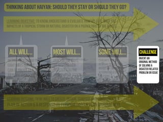 Learning Objective: To know,understand & evaluate how we deal with the
impacts of a tropical storm or natural disaster on a poorer part of the world.
identify&describe
eightwaysthatwe
canrespondtoa
naturaldisaster
evaluatehowwe
respondtoanatural
disaster&suggestsome
alternative&creative
solutions
Challenge
Thinking About Haiyan: should they stay or should they go?
Learning Outcome: To be able to create, design, compose and communicate a
plan of action & a response to Typhoon Haiyan in an original way.
analysetheways
werespondtoa
disaster&refine
theirplanofaction
allwill... mostwill... somewill...
Invent an
original method
of solving a
disaster related
problem or issue
 