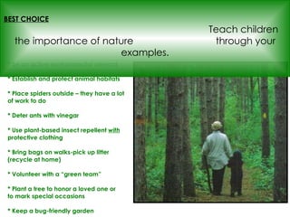 * Be an active environmental steward * Establish and protect animal habitats  * Place spiders outside – they have a lot of work to do * Deter ants with vinegar * Use plant-based insect repellent  with  protective clothing * Bring bags on walks-pick up litter (recycle at home) * Volunteer with a “green team” * Plant a tree to honor a loved one or  to mark special occasions  * Keep a bug-friendly garden BEST CHOICE   Teach children the importance of nature  through your examples. 