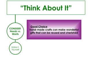 CONSIDER  Needs vs. Wants “ Think About It” Good Choice   hand-made crafts can make wonderful gifts that can be reused and cherished Make it  Yourself 