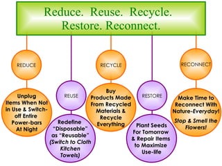 Reduce.  Reuse.  Recycle.  Restore. Reconnect. REUSE Redefine  “ Disposable” as “Reusable” (Switch to Cloth Kitchen Towels) RESTORE RECONNECT Plant Seeds For Tomorrow  & Repair Items  to Maximize  Use-life Make Time to Reconnect With Nature- Everyday ! Stop & Smell the Flowers! RECYCLE Buy Products Made From Recycled Materials & Recycle Everything REDUCE Unplug Items When Not in Use & Switch- off Entire  Power-bars At Night 