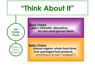 “ Think About It” Good Choice   select ORGANIC alternatives  for your usual grocery items Better Choice   choose organic  whole- food items  over packaged food products  (anything in its own “wrapper”)  FOOD vs. Food  Products Eat CLEAN  Foods 