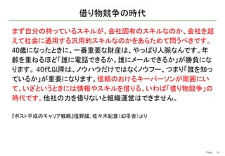 Page　 23
借り物競争の時代
まず自分の持っているスキルが、会社固有のスキルなのか、会社を超
えて社会に通用する汎用的スキルなのかをあらためて問うべきです。
40歳になったときに、一番重要な財産は、やっぱり人脈なんです。年
齢を重ねるほど「誰に電話できるか。誰にメールできるか」が勝負にな
ります。 40代以降は、ノウハウだけではなくノウフー、つまり「誰を知っ
ているか」が重要になります。信頼のおけるキーパーソンが周囲にい
て、いざというときには情報やスキルを借りる、いわば「借り物競争」の
時代です。他社の力を借りないと組織運営はできません。
『ポスト平成のキャリア戦略』塩野誠, 佐々木紀彦（幻冬舎）より
 