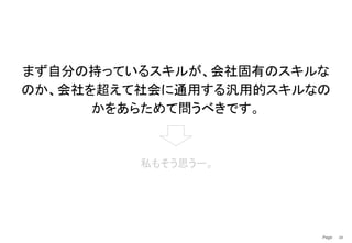Page　 24
まず自分の持っているスキルが、会社固有のスキルな
のか、会社を超えて社会に通用する汎用的スキルなの
かをあらためて問うべきです。
私もそう思うー。
 