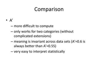 ComparisonA’more difficult to computeonly works for two categories (without complicated extensions)meaning is invariant across data sets (A’=0.6 is always better than A’=0.55)very easy to interpret statistically