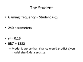The StudentGaming frequency = Student + a0240 parametersr2 = 0.16BiC’ = 1382Model is worse than chance would predict given model size & data set size!
