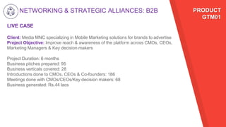 NETWORKING & STRATEGIC ALLIANCES: B2B
LIVE CASE
Client: Media MNC specializing in Mobile Marketing solutions for brands to advertise
Project Objective: Improve reach & awareness of the platform across CMOs, CEOs,
Marketing Managers & Key decision makers
Project Duration: 6 months
Business pitches prepared: 95
Business verticals covered: 28
Introductions done to CMOs, CEOs & Co-founders: 186
Meetings done with CMOs/CEOs/Key decision makers: 68
Business generated: Rs.44 lacs
PRODUCT
GTM01
 