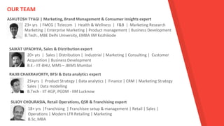 OUR TEAM
ASHUTOSH TYAGI | Marketing, Brand Management & Consumer Insights expert
23+ yrs | FMCG | Telecom | Health & Wellness | F&B | Marketing Research
Marketing | Enterprise Marketing | Product management | Business Development
B.Tech., MBE Delhi University, EMBA IIM Kozhikode
SAIKAT UPADHYA, Sales & Distribution expert
20+ yrs | Sales | Distribution | Industrial | Marketing | Consulting | Customer
Acquisition | Business Development
B.E.- IIT-BHU, MMS – JBIMS Mumbai
RAJIB CHAKRAVORTY, BFSI & Data analytics expert
25+yrs | Product Strategy | Data analytics | Finance | CRM | Marketing Strategy
Sales | Data modelling
B.Tech - IIT-KGP, PGDM - IIM Lucknow
SUJOY CHOURASIA, Retail Operations, QSR & Franchising expert
18+ yrs |Franchising | Franchisee setup & management | Retail | Sales |
Operations | Modern LFR Retailing | Marketing
B.Sc, MBA
 