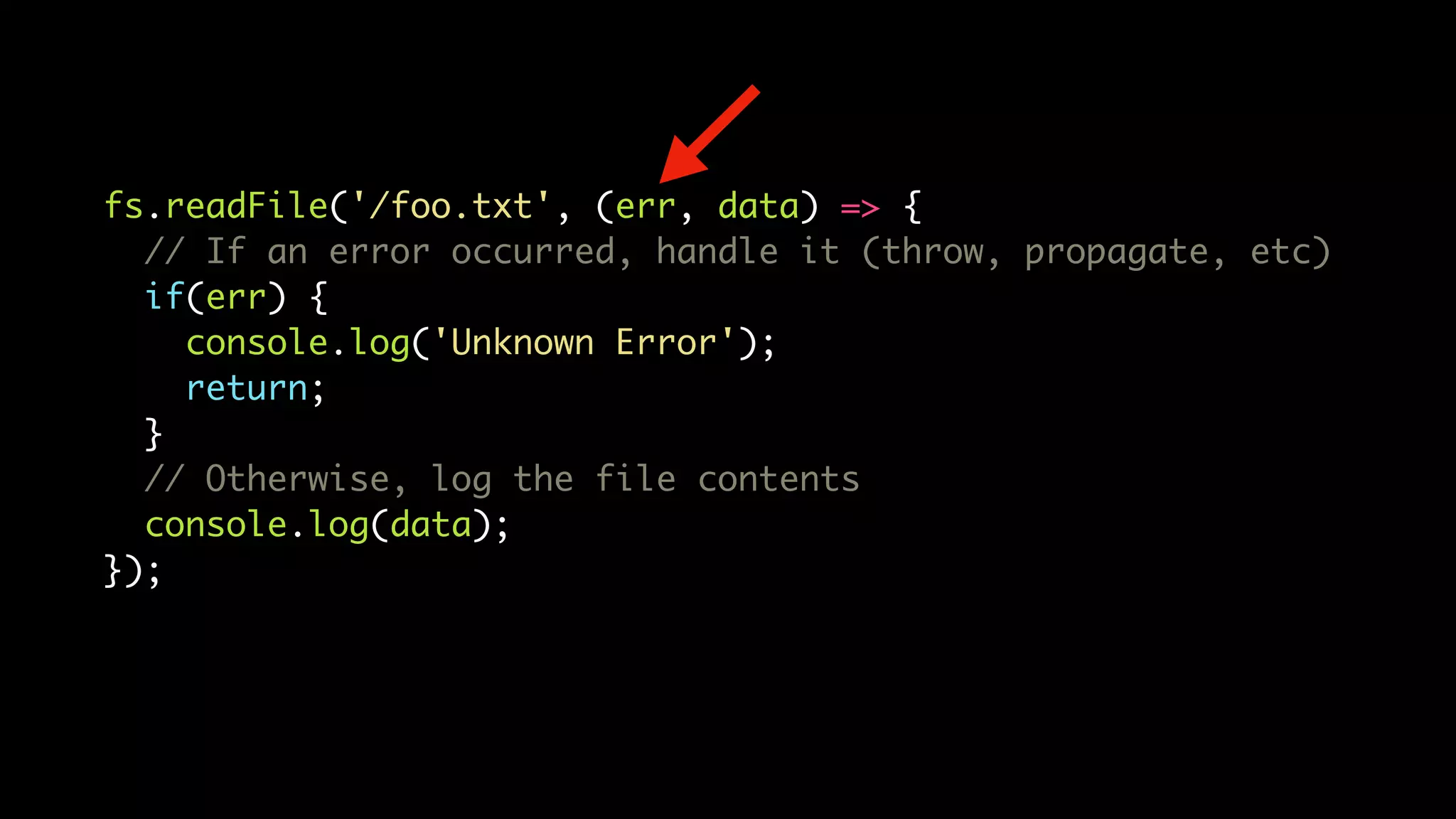 fs.readFile('/foo.txt', (err, data) => {
// If an error occurred, handle it (throw, propagate, etc)
if(err) {
console.log('Unknown Error');
return;
}
// Otherwise, log the file contents
console.log(data);
});
 