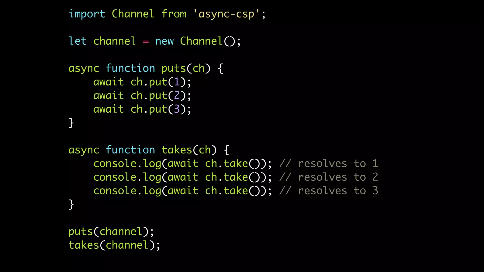 import Channel from 'async-csp';
let channel = new Channel();
async function puts(ch) {
await ch.put(1);
await ch.put(2);
await ch.put(3);
}
async function takes(ch) {
console.log(await ch.take()); // resolves to 1
console.log(await ch.take()); // resolves to 2
console.log(await ch.take()); // resolves to 3
}
puts(channel);
takes(channel);
 
