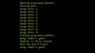Opening ping-pong channel!
Serving ball...
ping! Hits: 1
pong! Hits: 2
ping! Hits: 3
pong! Hits: 4
ping! Hits: 5
pong! Hits: 6
ping! Hits: 7
pong! Hits: 8
ping! Hits: 9
Closing ping-pong channel...
pong: table's gone!
Channel is fully closed!
Ball was hit 9 times!
ping: table's gone!
 