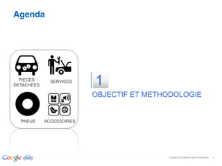 Agenda




  PIECES
DETACHEES
              SERVICES
                          1
                          OBJECTIF ET METHODOLOGIE


  PNEUS     ACCESSOIRES




                                          Google Confidential and Proprietary   3
 