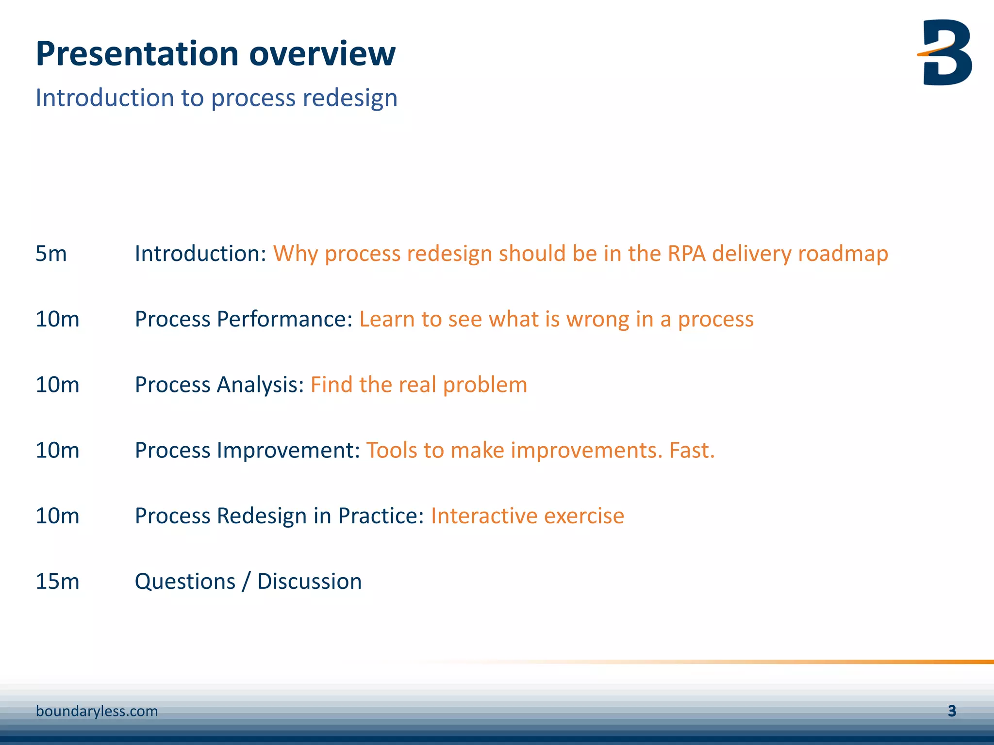 Presentation overview
5m Introduction: Why process redesign should be in the RPA delivery roadmap
10m Process Performance: Learn to see what is wrong in a process
10m Process Analysis: Find the real problem
10m Process Improvement: Tools to make improvements. Fast.
10m Process Redesign in Practice: Interactive exercise
15m Questions / Discussion
Introduction to process redesign
boundaryless.com
 