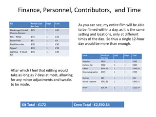 Finance, Personnel, Contributors, and Time
Kit Rental Cost
Per Day
Days Cost
Blackmagic Pocket
Cinema Camera
£45 1 £45
Mic – NTG2 £15 1 £15
Boom Pole £9 1 £9
Field Recorder £30 1 £30
Tripod £19 1 £19
Lighting – 3 Head
Kit
£35 1 £35
Crew Hire Cost
Per Day
Unit Days Cost
Director £420 1 1 £420
Camera Op £460 1 1 £460
Editor £346.50 1 1 £346.50
Cinematographer £739 1 1 £739
Runner £81 1 1 £81
Sound Engineer £392.51 1 1 £392.51
Actor £75.77 2 1 £151.54
Kit Total - £172 Crew Total - £2,590.54
As you can see, my entire film will be able
to be filmed within a day, as it is the same
setting and locations, only at different
times of the day. So thus a single 12-hour
day would be more than enough.
After which I feel that editing would
take as long as 7 days at most, allowing
for any minor adjustments and tweaks
to be made.
 