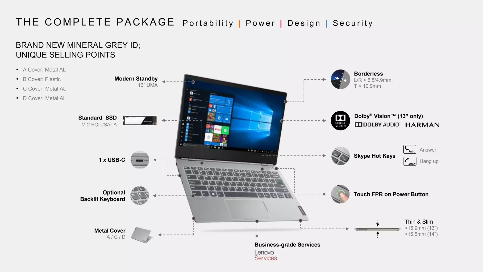 BRAND NEW MINERAL GREY ID;
UNIQUE SELLING POINTS
• A Cover: Metal AL
• B Cover: Plastic
• C Cover: Metal AL
• D Cover: Metal AL
Borderless
L/R < 5.5/4.9mm;
T < 10.9mm
Thin & Slim
<15.9mm (13”)
<16.5mm (14”)
Skype Hot Keys
Answer
Hang upInsert
Touch FPR on Power Button
Metal Cover
A / C / D
Optional
Backlit Keyboard
Standard SSD
M.2 PCIe/SATA
Modern Standby
13“ UMA
1 x USB-C
Dolby® Vision™ (13” only)
Business-grade Services
THE COMPLETE PACKAGE P o r t a b i l i t y | P o w e r | D e s i g n | S e c u r i t y
 