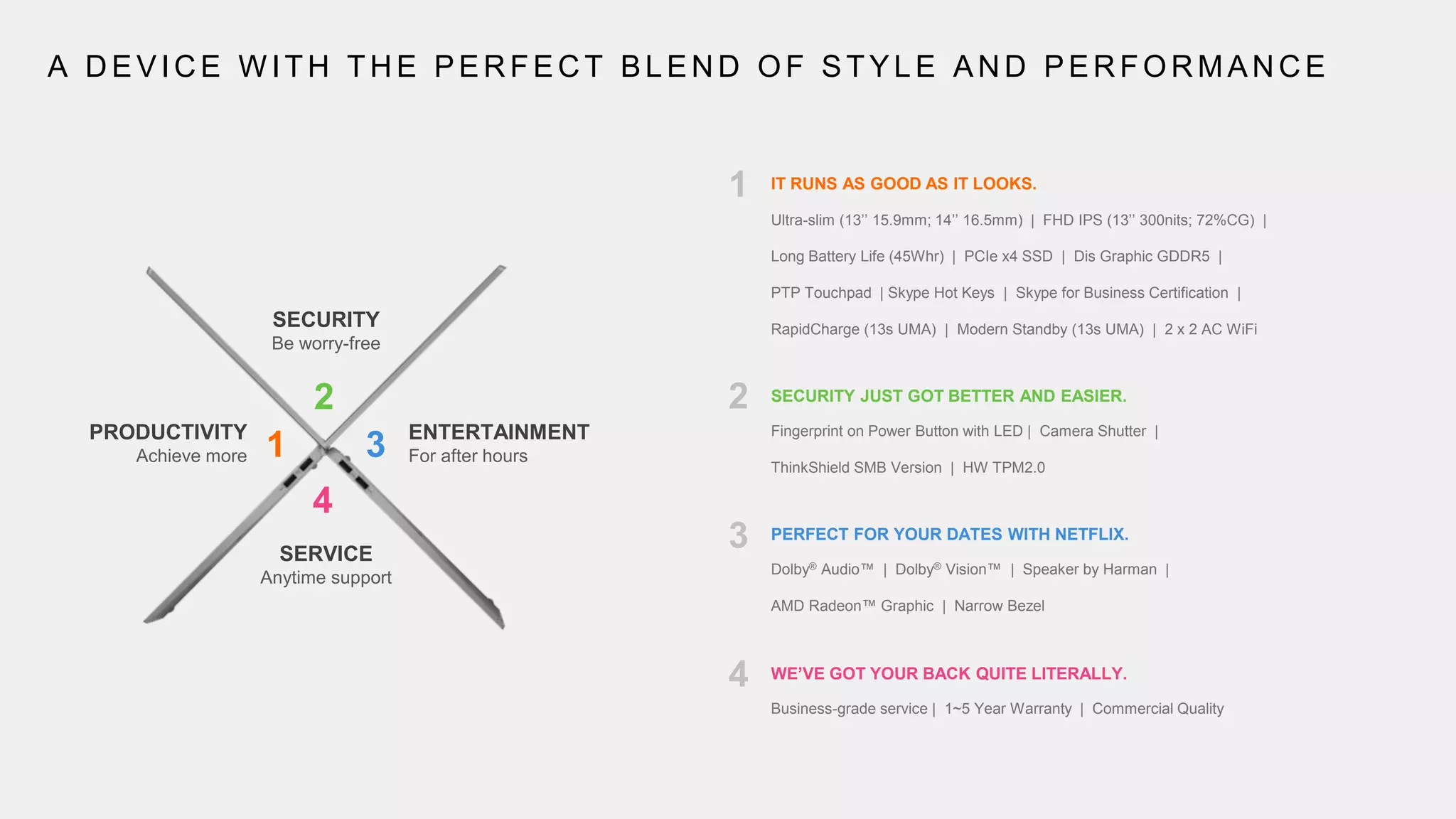 A DEVICE WITH THE PERFECT BLEND OF STYLE AND PERFORMANCE
PRODUCTIVITY
Achieve more
SECURITY
Be worry-free
ENTERTAINMENT
For after hours
SERVICE
Anytime support
1
2
3
4
IT RUNS AS GOOD AS IT LOOKS.
SECURITY JUST GOT BETTER AND EASIER.
Ultra-slim (13’’ 15.9mm; 14’’ 16.5mm) | FHD IPS (13’’ 300nits; 72%CG) |
Long Battery Life (45Whr) | PCIe x4 SSD | Dis Graphic GDDR5 |
PTP Touchpad | Skype Hot Keys | Skype for Business Certification |
RapidCharge (13s UMA) | Modern Standby (13s UMA) | 2 x 2 AC WiFi
Fingerprint on Power Button with LED | Camera Shutter |
ThinkShield SMB Version | HW TPM2.0
PERFECT FOR YOUR DATES WITH NETFLIX.
Dolby® Audio™ | Dolby® Vision™ | Speaker by Harman |
AMD Radeon™ Graphic | Narrow Bezel
WE’VE GOT YOUR BACK QUITE LITERALLY.
Business-grade service | 1~5 Year Warranty | Commercial Quality
1
2
3
4
 