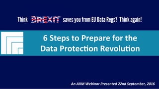 Underwri(en	by:	
#AIIM	Informa(on	Is	Your	Most	Important	Asset.		
Learn	the	Skills	to	Manage	It		
Think	Brexit	Saves	You	from	EU	Data	Regula(ons?		
Think	Again!		
6	Steps	to	Prepare	for	the		
Data	Protec(on	Revolu(on	
Presented	22nd	September,	2016		
6	Steps	to	Prepare	for	the		
Data	Protec(on	Revolu(on	
An	AIIM	Webinar	Presented	22nd	September,	2016		
 