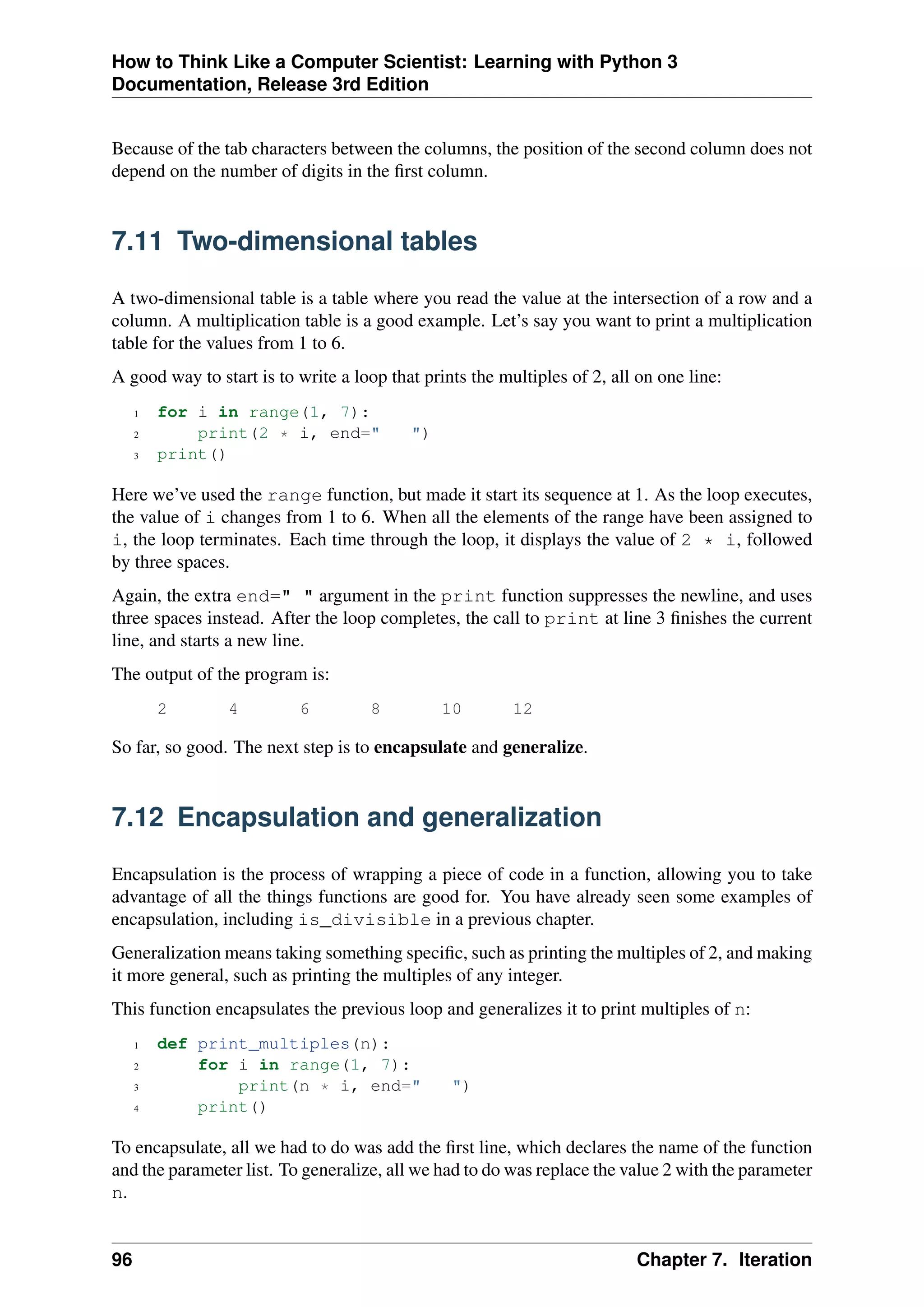 How to Think Like a Computer Scientist: Learning with Python 3
Documentation, Release 3rd Edition
Because of the tab characters between the columns, the position of the second column does not
depend on the number of digits in the first column.
7.11 Two-dimensional tables
A two-dimensional table is a table where you read the value at the intersection of a row and a
column. A multiplication table is a good example. Let’s say you want to print a multiplication
table for the values from 1 to 6.
A good way to start is to write a loop that prints the multiples of 2, all on one line:
1 for i in range(1, 7):
2 print(2 * i, end=" ")
3 print()
Here we’ve used the range function, but made it start its sequence at 1. As the loop executes,
the value of i changes from 1 to 6. When all the elements of the range have been assigned to
i, the loop terminates. Each time through the loop, it displays the value of 2 * i, followed
by three spaces.
Again, the extra end=" " argument in the print function suppresses the newline, and uses
three spaces instead. After the loop completes, the call to print at line 3 finishes the current
line, and starts a new line.
The output of the program is:
2 4 6 8 10 12
So far, so good. The next step is to encapsulate and generalize.
7.12 Encapsulation and generalization
Encapsulation is the process of wrapping a piece of code in a function, allowing you to take
advantage of all the things functions are good for. You have already seen some examples of
encapsulation, including is_divisible in a previous chapter.
Generalization means taking something specific, such as printing the multiples of 2, and making
it more general, such as printing the multiples of any integer.
This function encapsulates the previous loop and generalizes it to print multiples of n:
1 def print_multiples(n):
2 for i in range(1, 7):
3 print(n * i, end=" ")
4 print()
To encapsulate, all we had to do was add the first line, which declares the name of the function
and the parameter list. To generalize, all we had to do was replace the value 2 with the parameter
n.
96 Chapter 7. Iteration
 