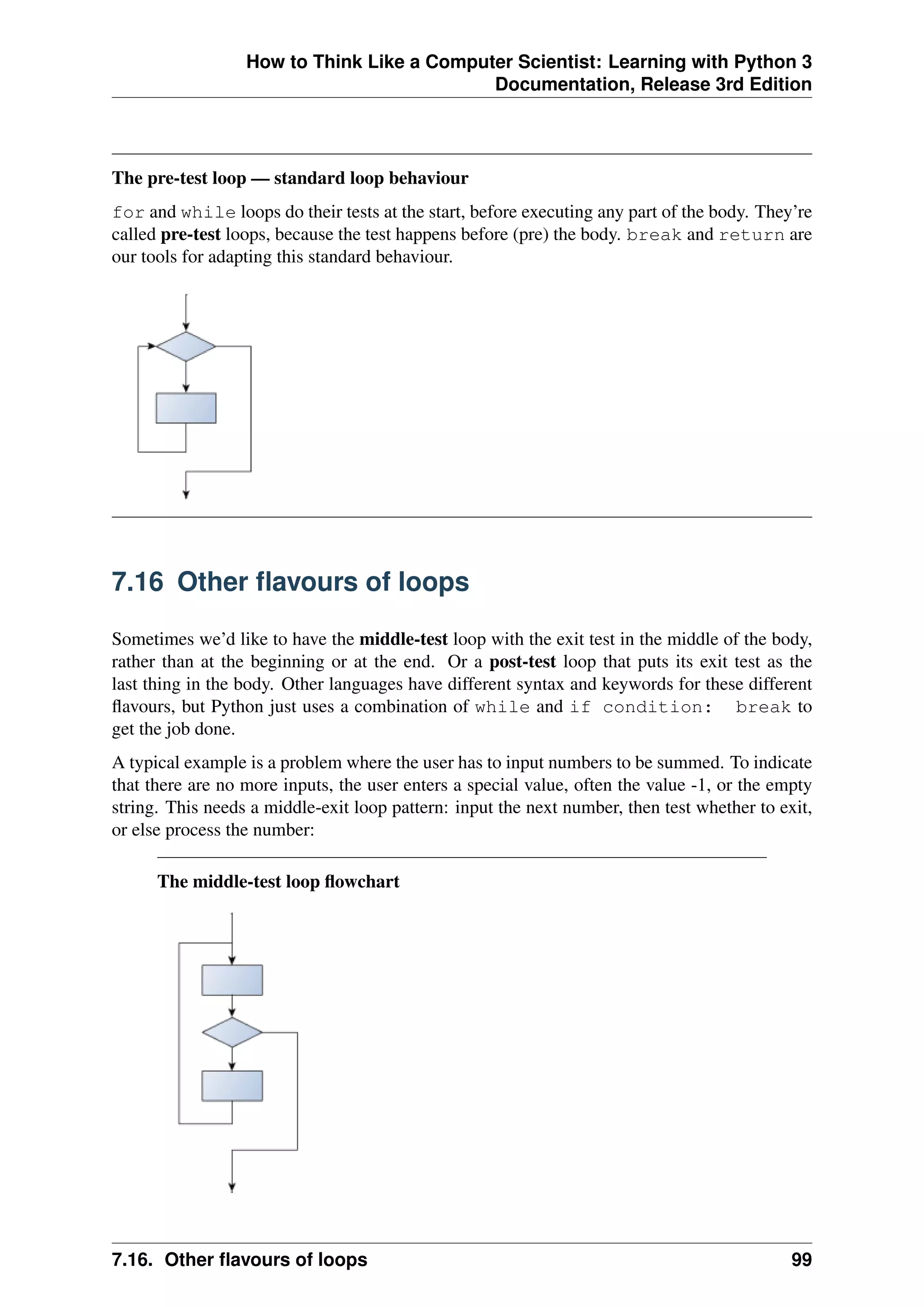 How to Think Like a Computer Scientist: Learning with Python 3
Documentation, Release 3rd Edition
The pre-test loop — standard loop behaviour
for and while loops do their tests at the start, before executing any part of the body. They’re
called pre-test loops, because the test happens before (pre) the body. break and return are
our tools for adapting this standard behaviour.
7.16 Other flavours of loops
Sometimes we’d like to have the middle-test loop with the exit test in the middle of the body,
rather than at the beginning or at the end. Or a post-test loop that puts its exit test as the
last thing in the body. Other languages have different syntax and keywords for these different
flavours, but Python just uses a combination of while and if condition: break to
get the job done.
A typical example is a problem where the user has to input numbers to be summed. To indicate
that there are no more inputs, the user enters a special value, often the value -1, or the empty
string. This needs a middle-exit loop pattern: input the next number, then test whether to exit,
or else process the number:
The middle-test loop flowchart
7.16. Other flavours of loops 99
 