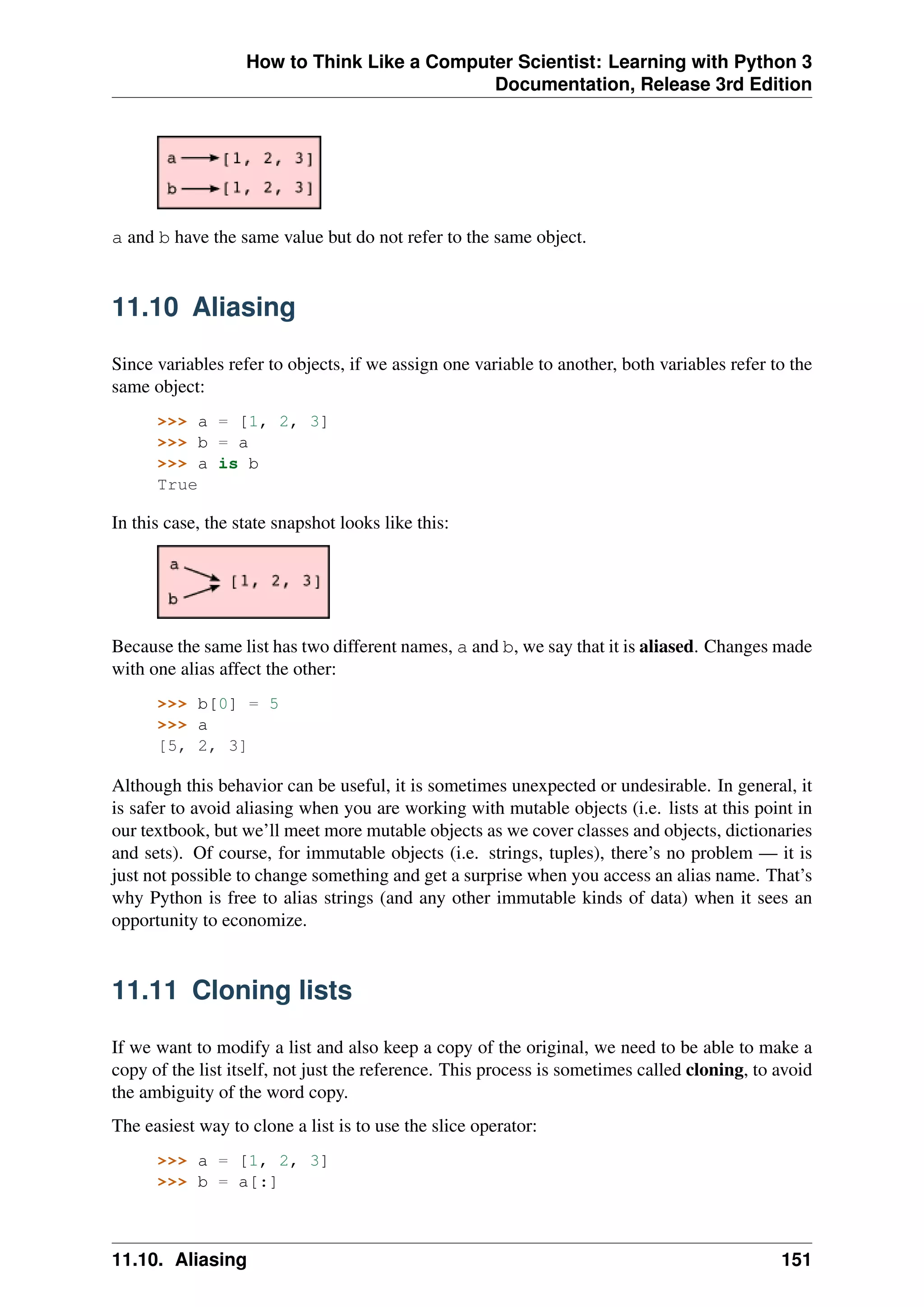 How to Think Like a Computer Scientist: Learning with Python 3
Documentation, Release 3rd Edition
a and b have the same value but do not refer to the same object.
11.10 Aliasing
Since variables refer to objects, if we assign one variable to another, both variables refer to the
same object:
>>> a = [1, 2, 3]
>>> b = a
>>> a is b
True
In this case, the state snapshot looks like this:
Because the same list has two different names, a and b, we say that it is aliased. Changes made
with one alias affect the other:
>>> b[0] = 5
>>> a
[5, 2, 3]
Although this behavior can be useful, it is sometimes unexpected or undesirable. In general, it
is safer to avoid aliasing when you are working with mutable objects (i.e. lists at this point in
our textbook, but we’ll meet more mutable objects as we cover classes and objects, dictionaries
and sets). Of course, for immutable objects (i.e. strings, tuples), there’s no problem — it is
just not possible to change something and get a surprise when you access an alias name. That’s
why Python is free to alias strings (and any other immutable kinds of data) when it sees an
opportunity to economize.
11.11 Cloning lists
If we want to modify a list and also keep a copy of the original, we need to be able to make a
copy of the list itself, not just the reference. This process is sometimes called cloning, to avoid
the ambiguity of the word copy.
The easiest way to clone a list is to use the slice operator:
>>> a = [1, 2, 3]
>>> b = a[:]
11.10. Aliasing 151
 