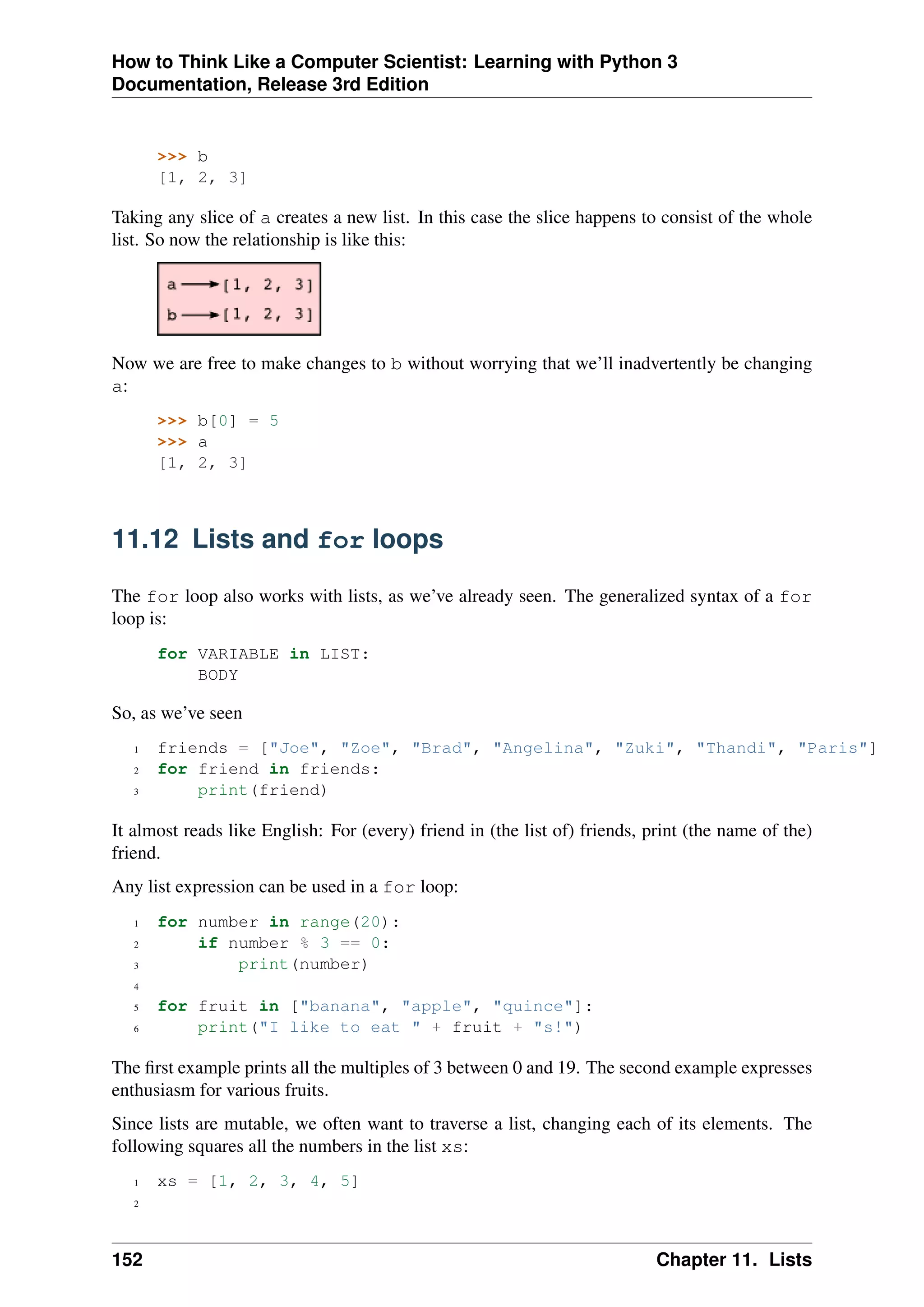How to Think Like a Computer Scientist: Learning with Python 3
Documentation, Release 3rd Edition
>>> b
[1, 2, 3]
Taking any slice of a creates a new list. In this case the slice happens to consist of the whole
list. So now the relationship is like this:
Now we are free to make changes to b without worrying that we’ll inadvertently be changing
a:
>>> b[0] = 5
>>> a
[1, 2, 3]
11.12 Lists and for loops
The for loop also works with lists, as we’ve already seen. The generalized syntax of a for
loop is:
for VARIABLE in LIST:
BODY
So, as we’ve seen
1 friends = ["Joe", "Zoe", "Brad", "Angelina", "Zuki", "Thandi", "Paris"]
2 for friend in friends:
3 print(friend)
It almost reads like English: For (every) friend in (the list of) friends, print (the name of the)
friend.
Any list expression can be used in a for loop:
1 for number in range(20):
2 if number % 3 == 0:
3 print(number)
4
5 for fruit in ["banana", "apple", "quince"]:
6 print("I like to eat " + fruit + "s!")
The first example prints all the multiples of 3 between 0 and 19. The second example expresses
enthusiasm for various fruits.
Since lists are mutable, we often want to traverse a list, changing each of its elements. The
following squares all the numbers in the list xs:
1 xs = [1, 2, 3, 4, 5]
2
152 Chapter 11. Lists
 