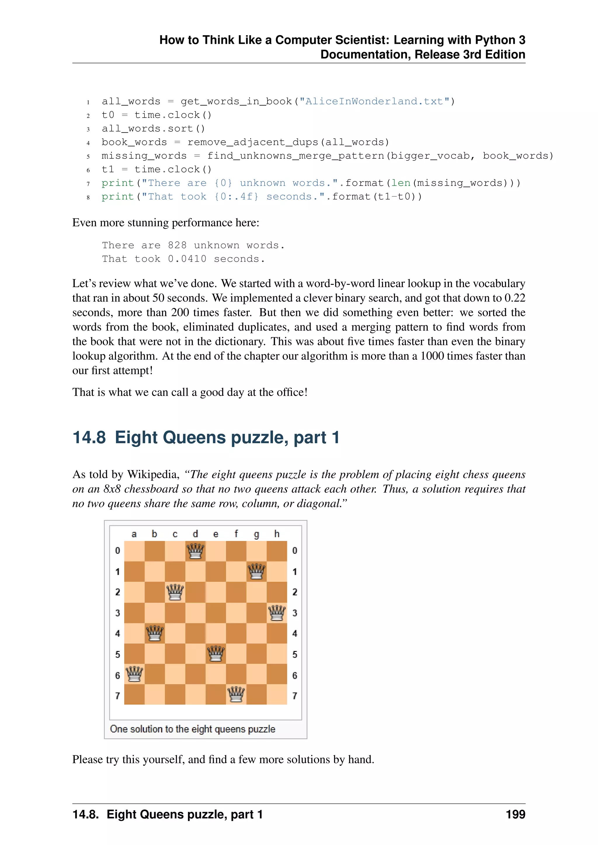 How to Think Like a Computer Scientist: Learning with Python 3
Documentation, Release 3rd Edition
1 all_words = get_words_in_book("AliceInWonderland.txt")
2 t0 = time.clock()
3 all_words.sort()
4 book_words = remove_adjacent_dups(all_words)
5 missing_words = find_unknowns_merge_pattern(bigger_vocab, book_words)
6 t1 = time.clock()
7 print("There are {0} unknown words.".format(len(missing_words)))
8 print("That took {0:.4f} seconds.".format(t1-t0))
Even more stunning performance here:
There are 828 unknown words.
That took 0.0410 seconds.
Let’s review what we’ve done. We started with a word-by-word linear lookup in the vocabulary
that ran in about 50 seconds. We implemented a clever binary search, and got that down to 0.22
seconds, more than 200 times faster. But then we did something even better: we sorted the
words from the book, eliminated duplicates, and used a merging pattern to find words from
the book that were not in the dictionary. This was about five times faster than even the binary
lookup algorithm. At the end of the chapter our algorithm is more than a 1000 times faster than
our first attempt!
That is what we can call a good day at the office!
14.8 Eight Queens puzzle, part 1
As told by Wikipedia, “The eight queens puzzle is the problem of placing eight chess queens
on an 8x8 chessboard so that no two queens attack each other. Thus, a solution requires that
no two queens share the same row, column, or diagonal.”
Please try this yourself, and find a few more solutions by hand.
14.8. Eight Queens puzzle, part 1 199
 